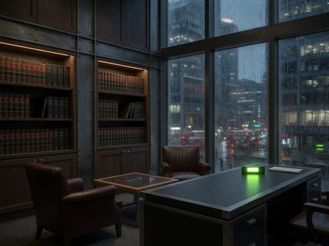 Fiduciary office with legal books, rain on London windows, a lime indicator on the desk