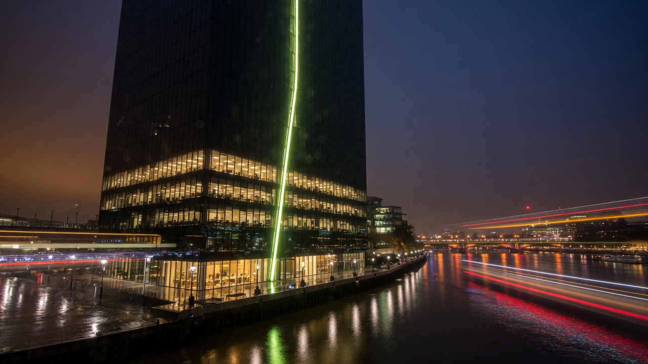 Agentic PLC headquarters on the Thames at night, a lime signal slit running the glass facade